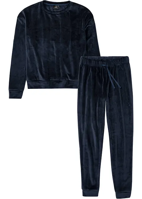 Loungewear Hausanzug aus Samt in blau von vorne - bonprix