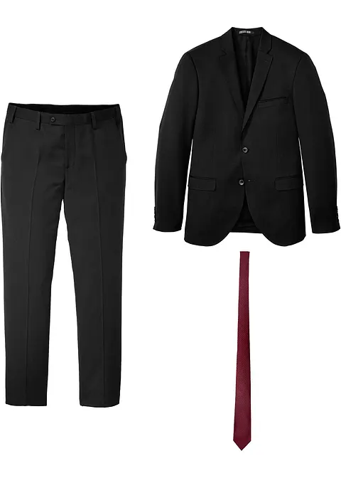 Anzug (3-tlg.Set): Sakko, Hose, Krawatte, Slim Fit in schwarz von vorne - bonprix