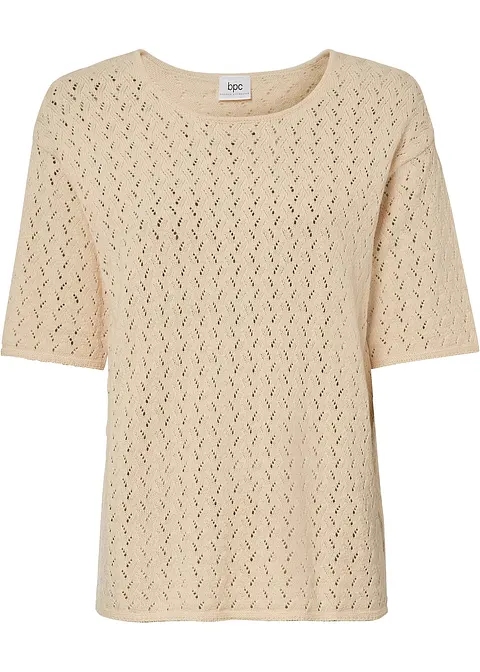 Ajour- Pullover mit Leinen, 1/2- Arm in beige von vorne - bonprix