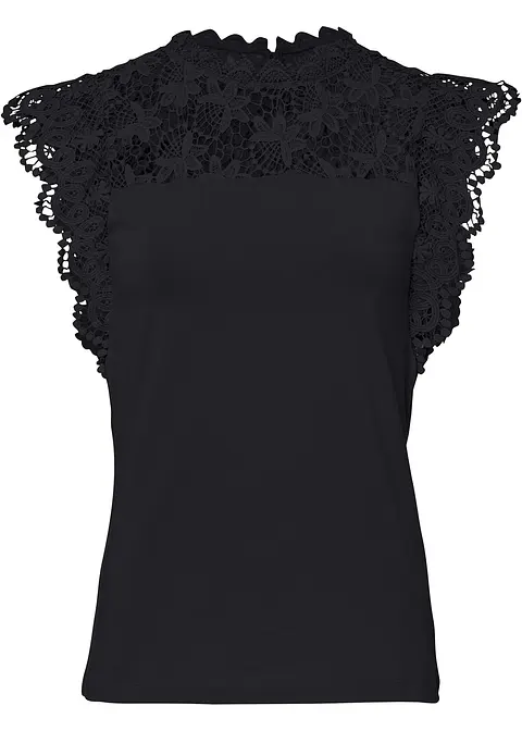 Shirt mit Spitzeneinsatz in schwarz von vorne - bonprix