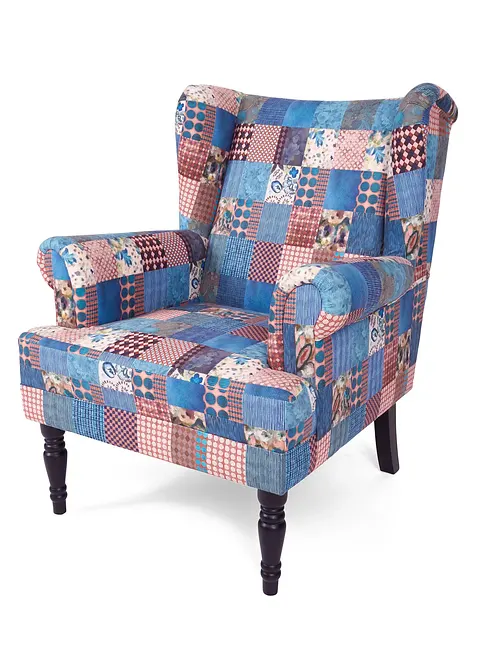 Ohren Sessel mit Patchwork Druck in blau von vorne - bpc living bonprix collection