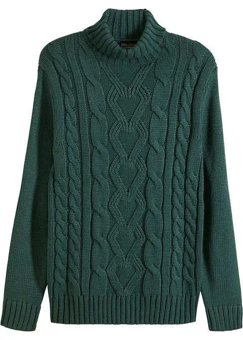 Rollkragenpullover mit Zopfmuster in grün von vorne - bonprix