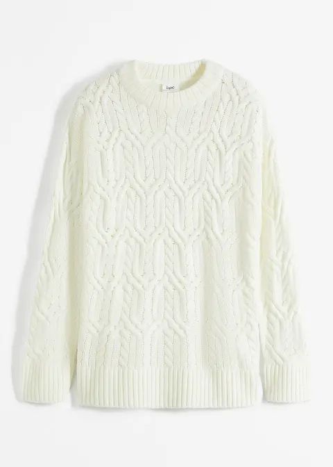 Rundhals-Pullover mit Zopfmuster in weiß von vorne - bpc bonprix collection