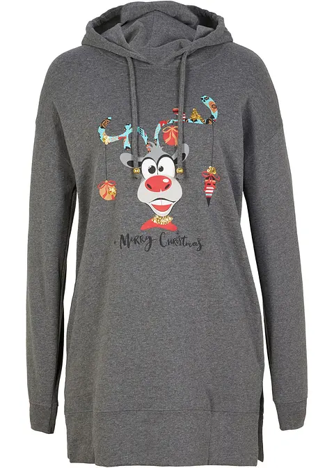 Long-Sweatshirt mit Seitenschlitz und Kapuze in grau von vorne - bonprix