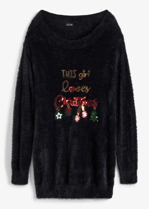 Off-Shoulder-Pullover mit Weihnachtsmotiv in schwarz von vorne - bonprix