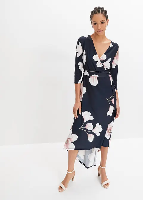 Vokuhila-Kleid aus Jersey mit Bindeband in blau von vorne (Totalaufnahme) - bonprix