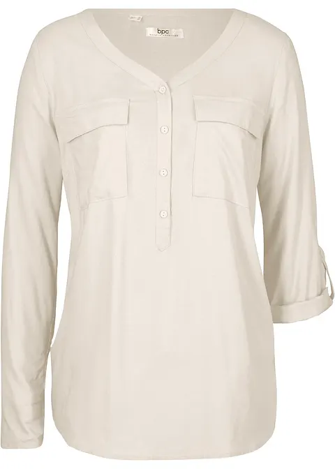 Bluse mit V-Ausschnitt, Langarm in beige - bonprix