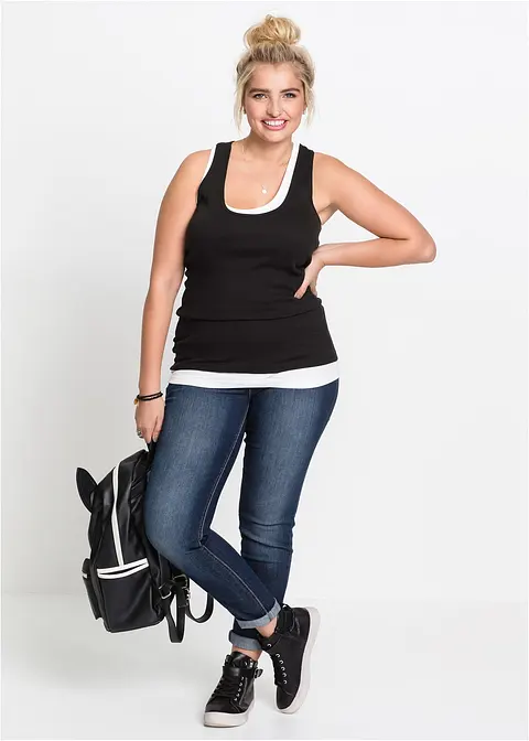 2er-Pack Ripp-Tanktop in schwarz im Look von vorne (Totalaufnahme) - bonprix