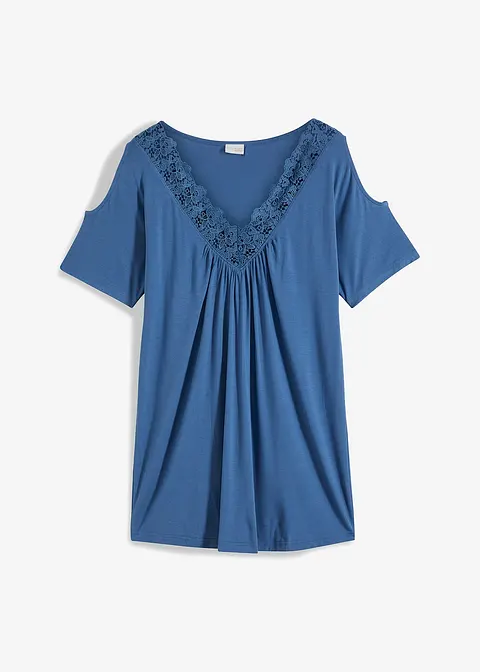 Shirt mit Spitze in blau von vorne - BODYFLIRT boutique