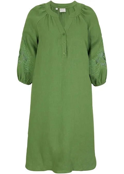 Leinen-Kleid mit Lochstickerei in grün von vorne - bonprix PREMIUM