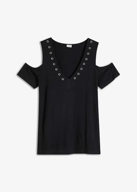 Cold-Shoulder Shirt mit Ösen in schwarz von vorne - bonprix