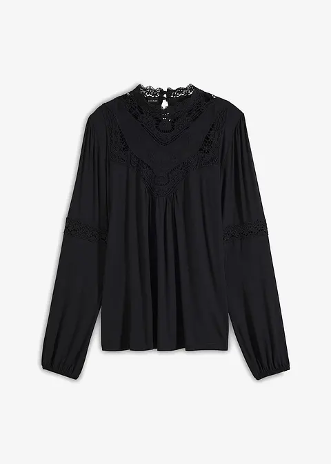 Langarmshirt mit Spitze in schwarz von vorne - bonprix