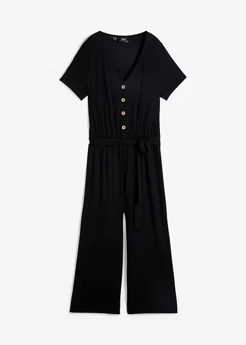 Jersey-Jumpsuit mit V-Ausschnitt, kurzarm in schwarz von vorne - bonprix