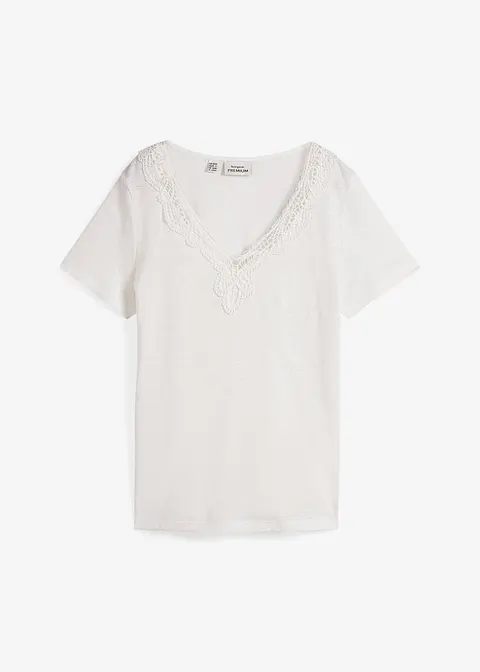 Shirt aus reinem Leinen mit Spitze in weiß von vorne - bonprix PREMIUM