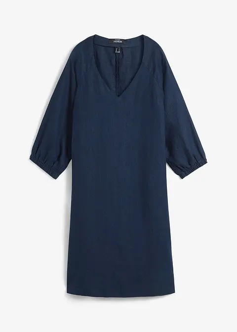 Kurzes Kleid aus reinem Leinen, 3/4 Arm in blau von vorne - bonprix PREMIUM