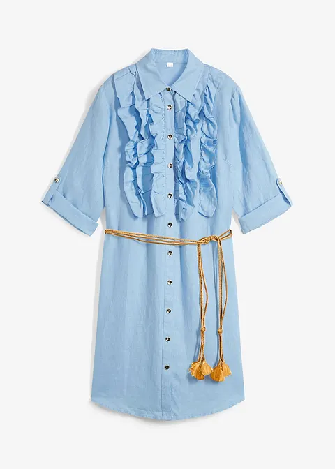 Hemdblusenkleid aus reinem Leinen (2-tlg. Set) in blau von vorne - bonprix PREMIUM