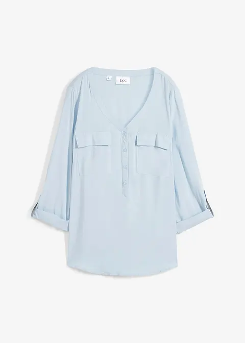 Bluse mit V-Ausschnitt, Langarm in blau von vorne - bonprix