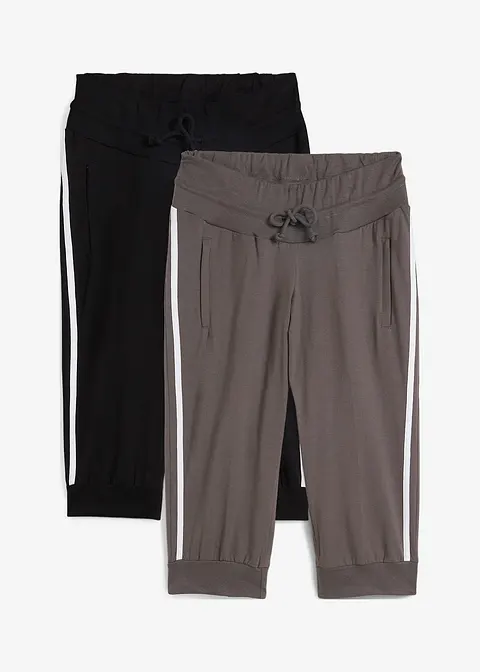 Jogginghose aus Baumwolle (2er Pack), Capri-Länge in schwarz von vorne - bonprix