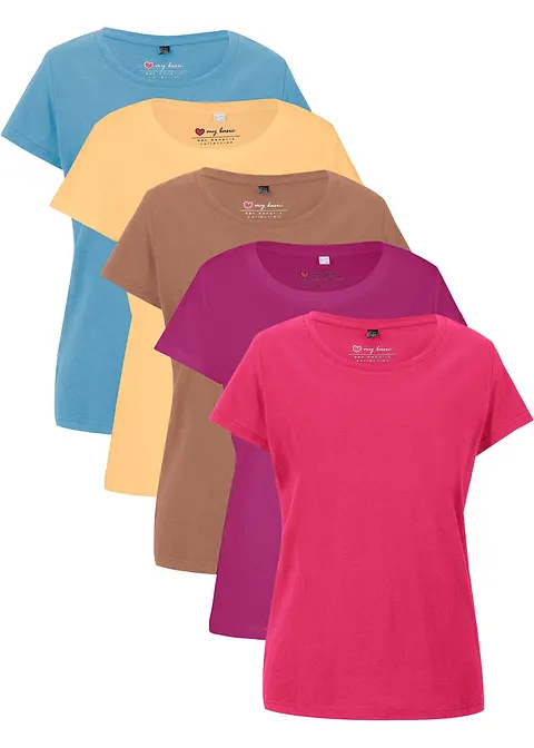 Rundhals-Shirt, Kurzarm (5er Pack) in pink von vorne - bonprix