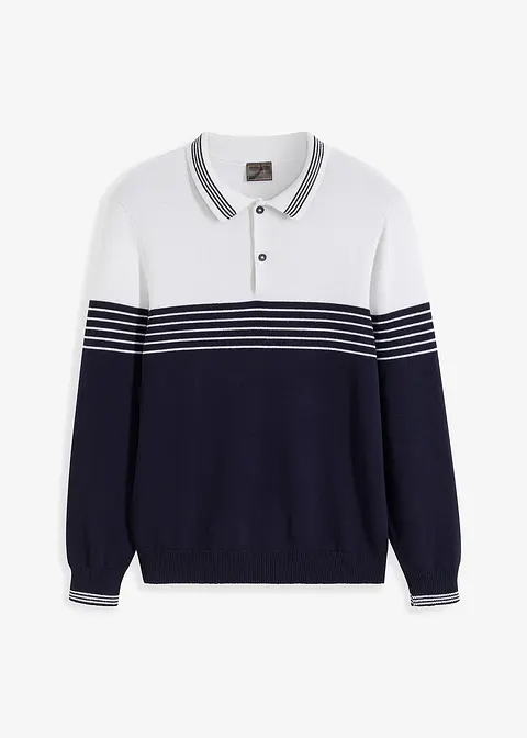 Polo-Feinstrickpullover mit recycelter Baumwolle in weiß von vorne - bonprix