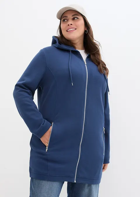 Long-Sweatjacke mit Reißverschlusstaschen in blau von vorne (im Anschnitt) - bonprix