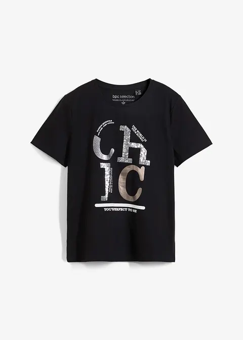 T-Shirt mit Glitzerdruck in schwarz von vorne - bonprix