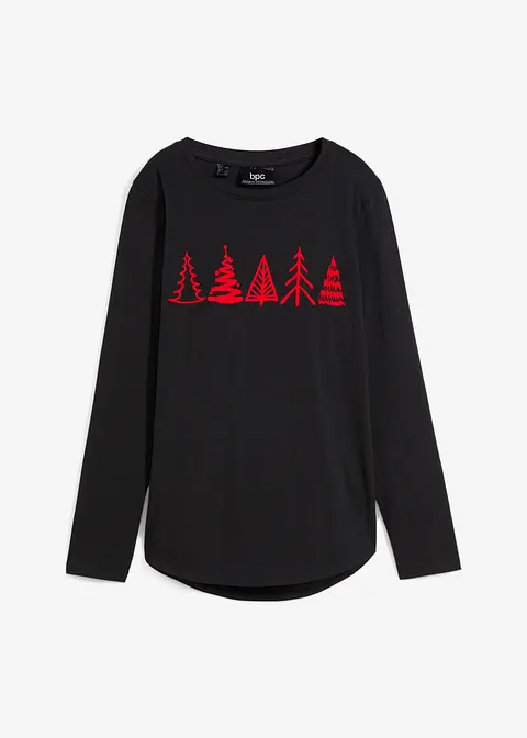 Baumwoll Langarm-Shirt mit Weihnachtsmotiv in schwarz von vorne - bonprix