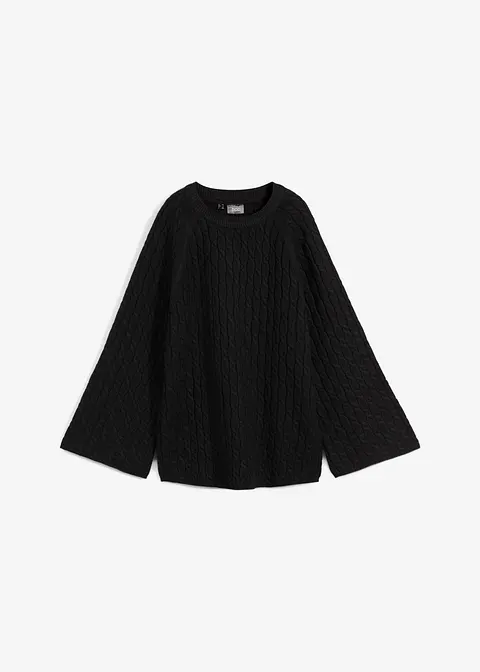 Oversize-Pullover mit Zopfmuster in schwarz von vorne - bonprix