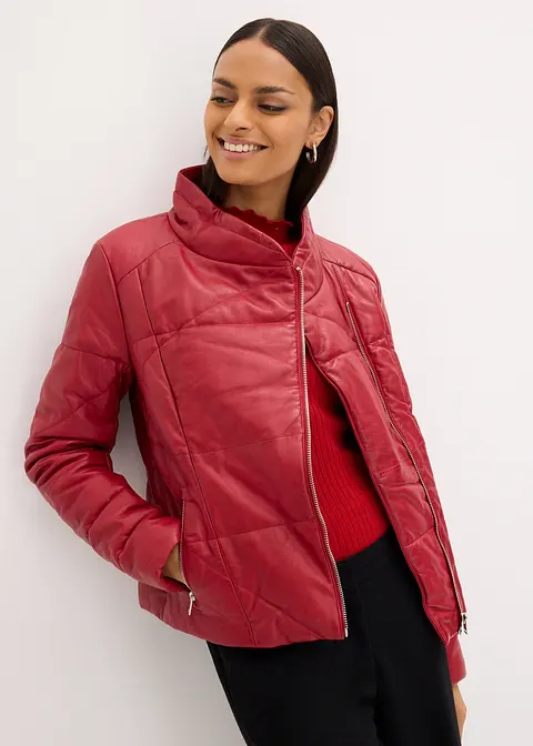 Leder-Steppjacke aus Lammnappa in rot von vorne (im Anschnitt) - bonprix