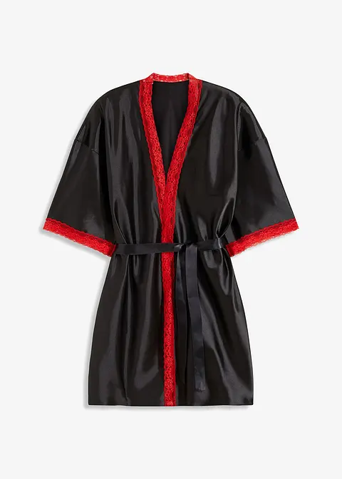 Satin Kimono in schwarz von vorne - VENUS