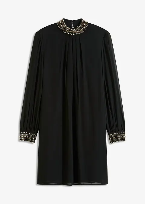 Blusenkleid aus leichtem Chiffon mit Perlstickerei in schwarz von vorne - bonprix