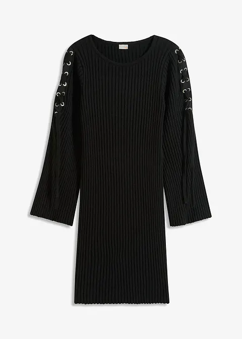 Figurbetontes Strickkleid mit Schnürung in schwarz von vorne - bonprix