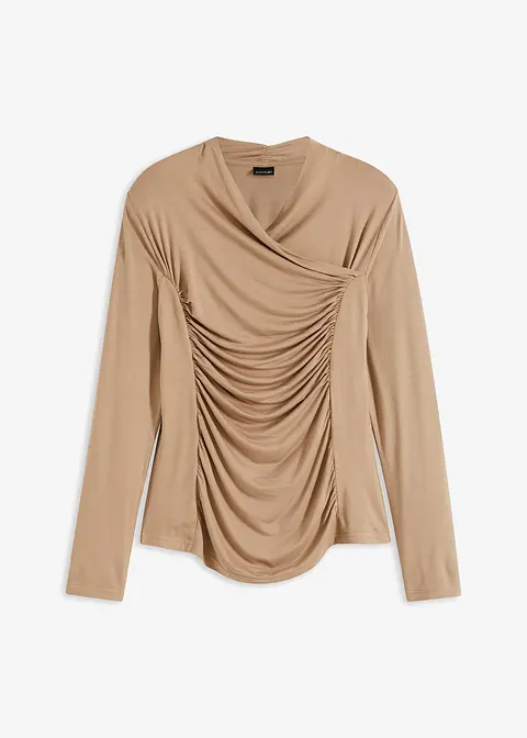 Langarmshirt mit asymmetrischem Kragen in braun von vorne - bonprix