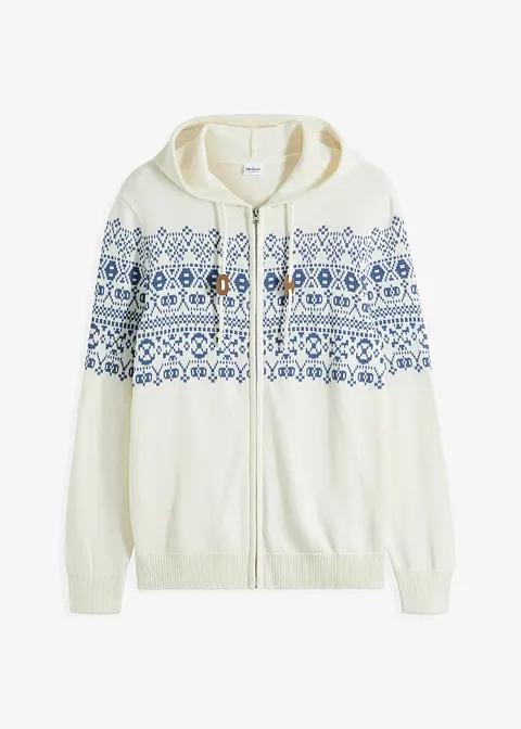 Norweger Kapuzenstrickjacke mit Komfortschnitt und Baumwolle in weiß von vorne - bonprix