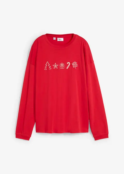 Besticktes Weihnachts-Langarmshirt, oversized in rot von vorne - bonprix