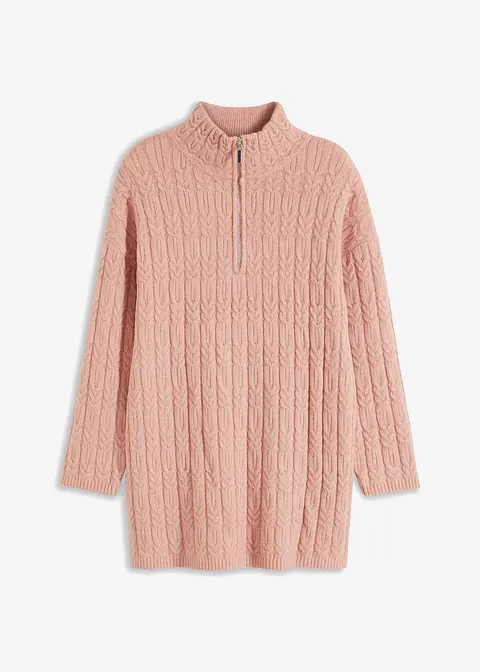 Langer Pullover mit Zopfmuster in rosa von vorne - bonprix