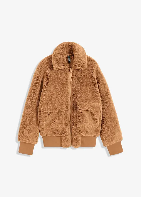 Oversized Teddy Jacke mit aufgesetzten Taschen in braun von vorne - bonprix