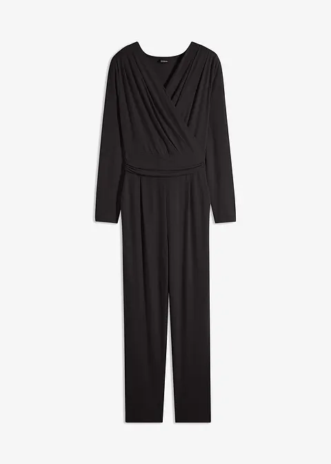 Jersey-Jumpsuit in Wickeloptik in schwarz von vorne - bonprix