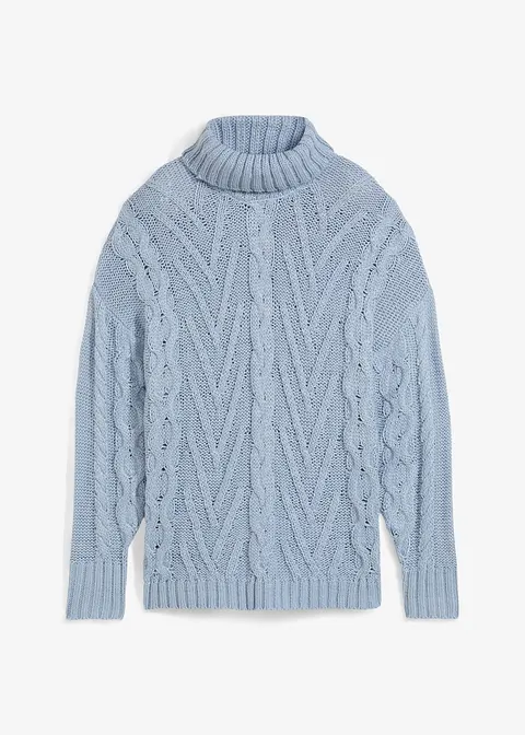 Rollkragen-Pullover mit Zopfmuster in grau von vorne - bonprix