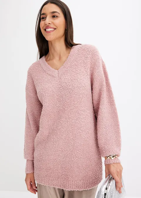 Grobstrick-Pullover mit V-Ausschnitt in rosa von vorne (im Anschnitt) - bonprix