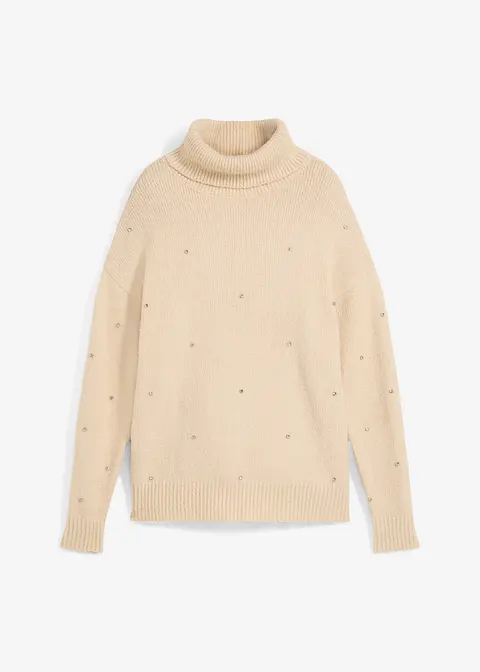 Rollkragenpullover mit Strasssteinen in beige von vorne - bonprix