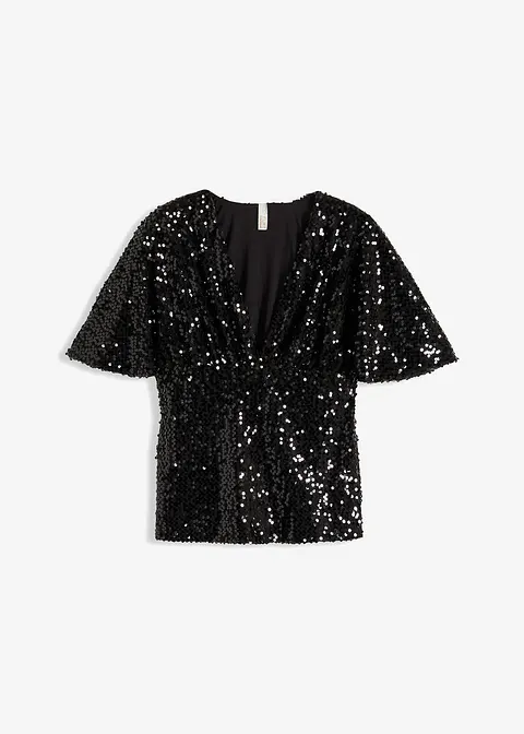 Kurzes Shirt mit Pailletten in schwarz von vorne - bonprix