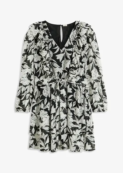 Minikleid aus leichtem Chiffon mit Volants in schwarz von vorne - bonprix