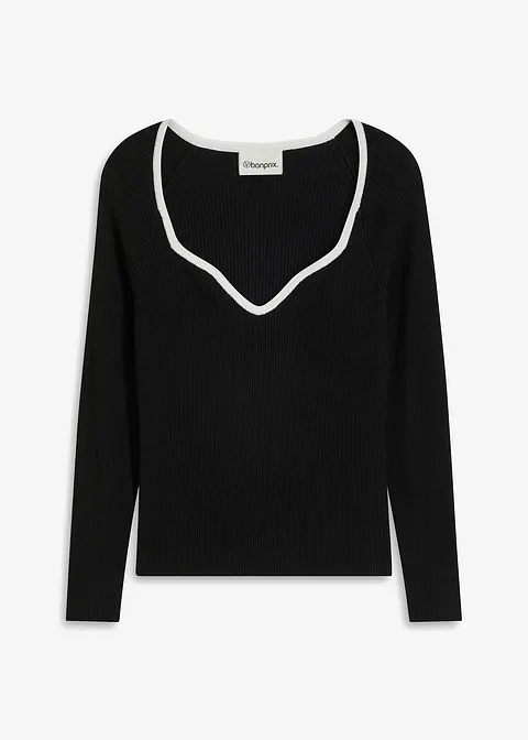 Feinstrickpullover mit Paspellierung in schwarz von vorne - bonprix