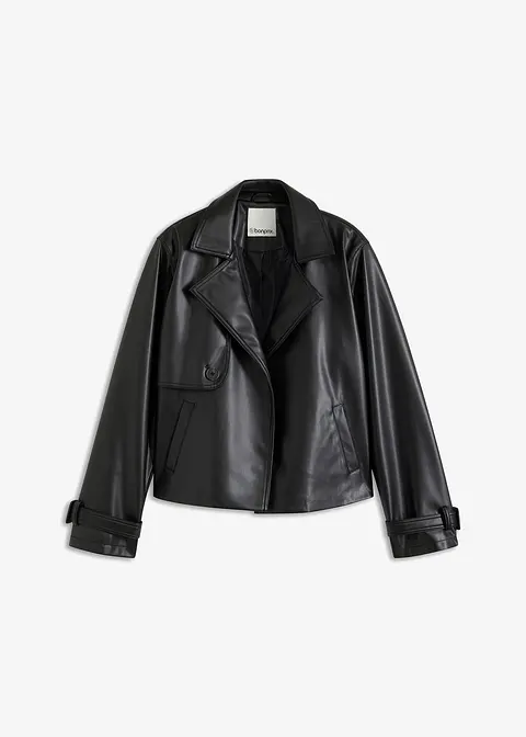 Kurze Trench-Jacke aus Lederimitat in schwarz von vorne - bonprix