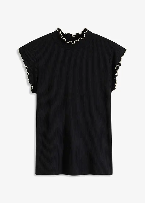 Rippshirt mit Kräuselabschlüssen in schwarz von vorne - bonprix