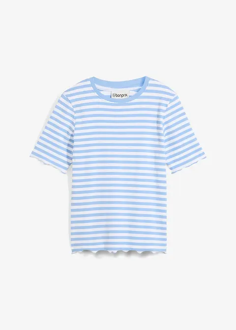 Geripptes Kurzarmshirt in blau von vorne - bonprix