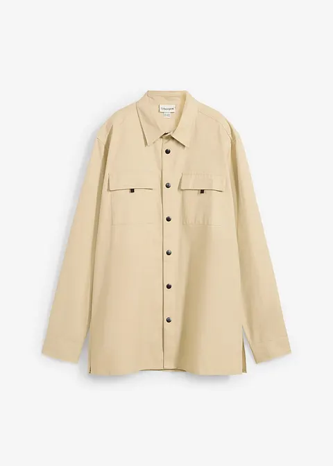 Langarmhemd mit aufgesetzten Taschen aus reiner Baumwolle in beige von vorne - bonprix