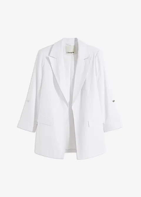 Leinen Blazer mit gerafften Ärmeln in weiß von vorne - bonprix