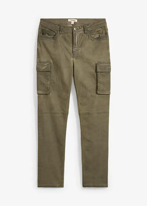 Stretch-Cargohose in gewaschener Optik, Straight in grün von vorne - bonprix